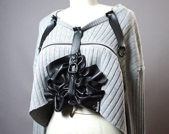 Zippered Crop Top: Goth gray crop with leather and D rings