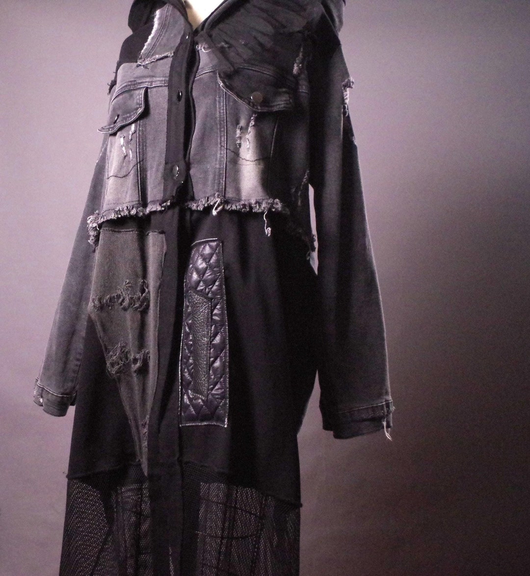 Avantgarde Edgy Jean Jacket, Ripped Jean Jacket, Long Patchwork Denim ...
