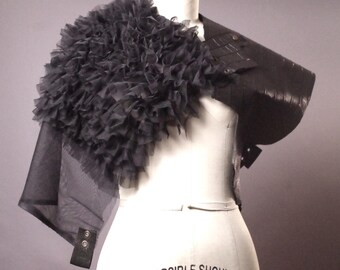 Ruffled Leather Crop Poncho Jacket: Alternative Gothic Fashion, Avant Garde Statement Piece