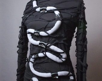 Cyberpunk Ripped Top: Goth distressed top with leather, Rope design