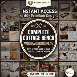 Puede incluir: Un plan de carpintería digital para un banco de estilo cottage con un logotipo circular central con martillos cruzados y el texto COMPLETE COTTAGE BENCH WOODWORKING PLAN, rodeado por un collage de varias guías de diseño de muebles.