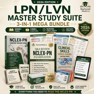 May include: 2026 Edition LPN/LVN Master Study Suite 3-in-1 Mega Bundle featuring NCLEX-PN content review guides, 1200+ flashcards, nursing cheat sheets, clinical skills video guides, a sample study plan, and online Q-bank access for nursing students.
