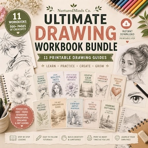 May include: A digital bundle of 11 drawing workbooks titled Ultimate Drawing Workbook Bundle, featuring over 500 pages of printable guides. The collection includes various instructional booklets with illustrations of anime characters, flowers, and landscapes.