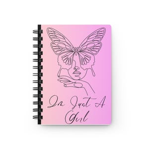 Butterfly Line Art In Just A Girl Spiral Bound Journal | Pink Gradient Notebook
