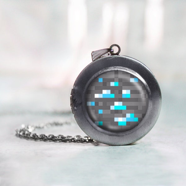 Minecraft Diamond Ore locket necklace, geekery Jewelry