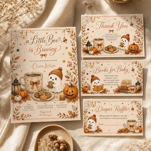 May include: A set of four printed cards for a baby shower with an autumn theme. The cards feature illustrations of ghosts, pumpkins, coffee mugs, and fall leaves. Text includes 'a Little Boo is Brewing', 'Thank You', 'Books for Baby', and 'Diaper Raffle'.