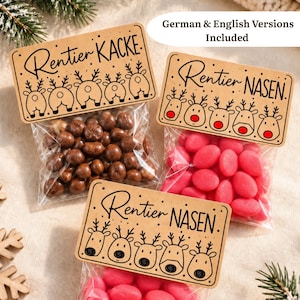 May include: Three clear plastic bags filled with candy, each topped with a rectangular kraft paper header. One bag contains brown chocolate candies with a label reading Rentier KACKE. Two bags contain red candies with labels reading Rentier NASEN.