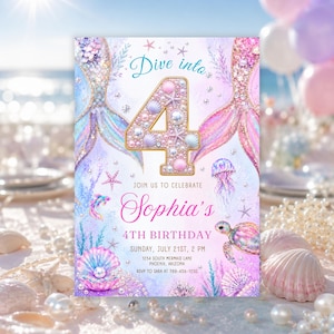 May include: A rectangular birthday invitation card featuring a large number 4 decorated with seashells and pearls. The design includes mermaid tails, a jellyfish, a sea turtle, and text reading Dive into Sophia's 4th Birthday, Sunday, July 21st, 2 PM, 1234 South Mermaid Lane, Phoenix, Arizona, RSVP to Sara at 789-456-1230.