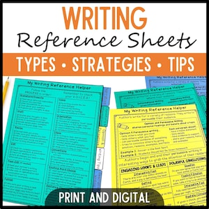 May include: A collection of colourful writing reference sheets, with the title "WRITING Reference Sheets". The sheets provide guidance on writing types, strategies, and tips, including sections on process, voice, and conventions. The words "PRINT AND DIGITAL" are at the bottom.