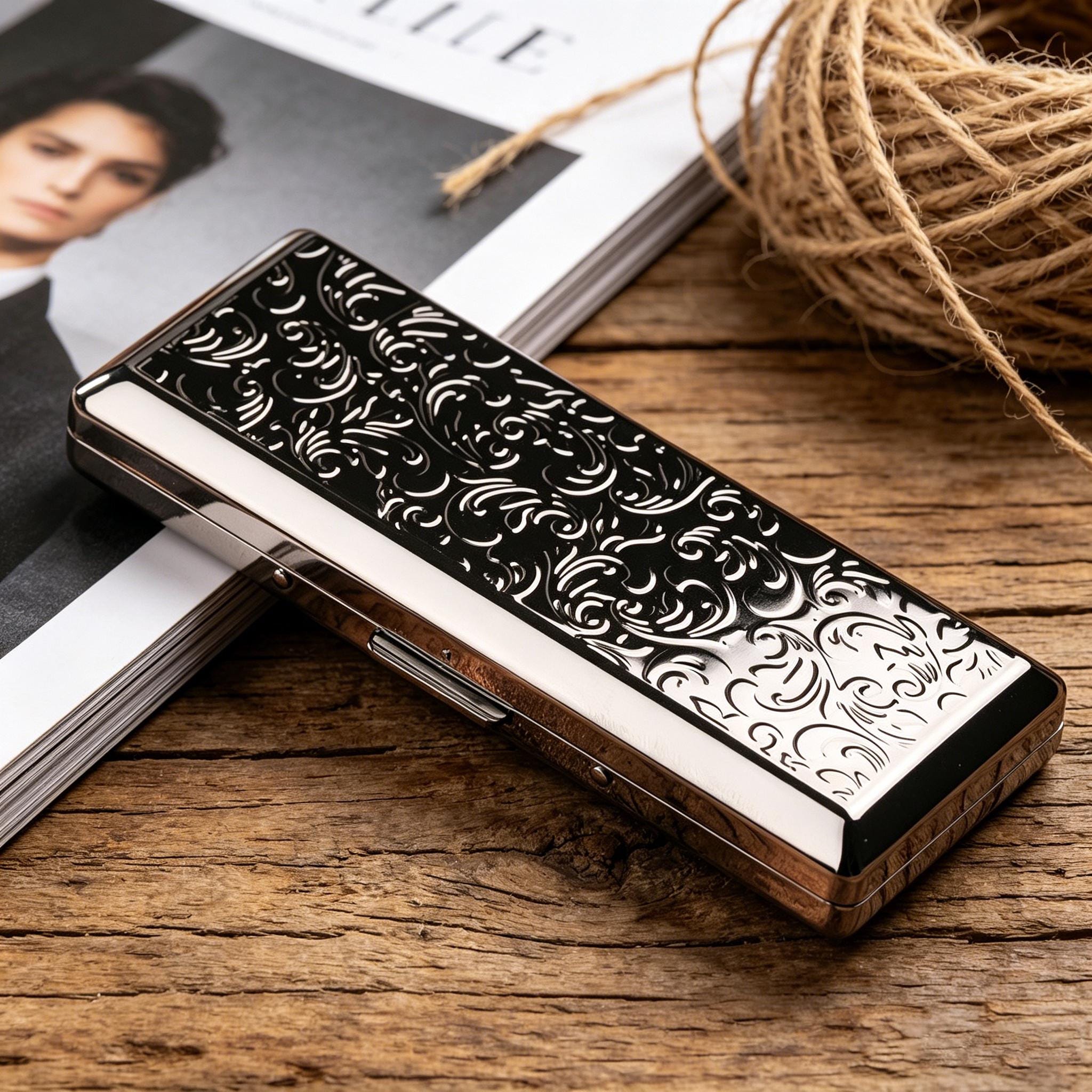 ladies silver cigarette case Personalized Vintage | Floral Engraved Slim Cigarette Holder for Women | Elegant Gift for Mom Wife Girlfriend cash and all types of smoking accessories Retro Cigarette Case Victorian Style