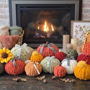 May include: A collection of handmade plush pumpkins in various sizes and colors including orange, green, white, and yellow. The pumpkins feature textured yarn, small stems, and decorative ribbons. Some are stacked, and others are accented with small fabric sunflowers or pom-poms.