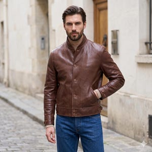 Mens Slim Fit Cafe Racer Jacket, Vintage Mandarin Collar Button-Up jacket, Distressed Brown Leather, Urban Streetwear, Luxury Gift