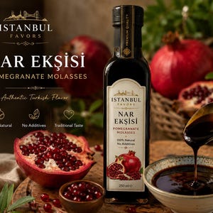 Könnte beinhalten: Eine 250 ml Glasflasche mit Granatapfelsirup von Istanbul Favors mit einem cremefarbenen Etikett mit der Aufschrift Nar Ekşisi, Pomegranate Molasses, 100% Natural und No Additives. Ein Metalllöffel gießt den dunklen Sirup in eine kleine Keramikschale.