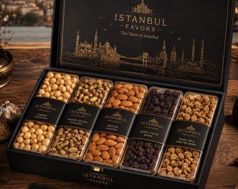 Caja de regalo de frutos secos y frutas deshidratadas premium de Istanbul Favors – Caja de snacks gourmet turcos – Avellana, pistacho, almendra, pasa y mora – 1250 g