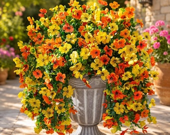 UV Resistant Orange Yellow Daisy Mums Hanging Flowers, Realistic Eucalyptus Vines, Outdoor Decor