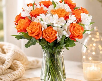 Orange Rose & Alstroemeria Bouquet with Glass Vase, Fresh Flower Gift Arrangement