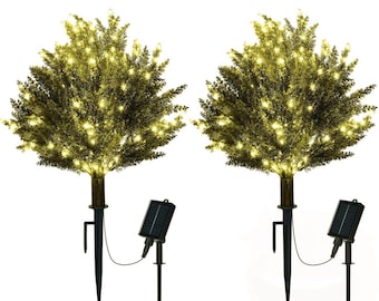 2 Pack Artificial Cedar Trees with Solar Lights, 25" Faux Topiary Outdoor Decor