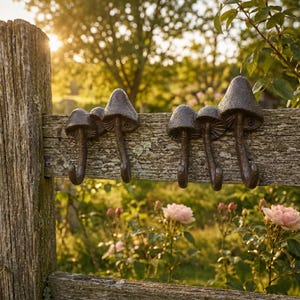 May include: A rustic wooden fence with several bronze-colored mushroom-shaped hooks attached. The hooks are evenly spaced and have a detailed, textured design. The background features a blurred garden scene with sunlight.