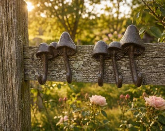 May include: A weathered wooden fence adorned with several bronze mushroom-shaped hooks. The hooks are evenly spaced and have a detailed, textured design. The background features a blurred garden scene with sunlight.