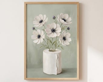Arte con papel higiénico, decoración botánica de anémona blanca para baño, descarga digital de 300 ppp