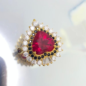 Pear Cut Ruby Ring/ Black and White CZ Halo Ring/ Gold Statement Ring/ Vintage Cocktail Ring/ Anniversary Gift for Her