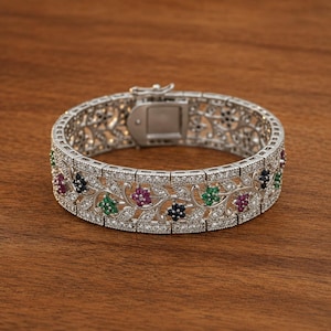 Art Deco-armband med flera ädelstenar/ Armband med blommig länk i sterlingsilver/ Bred manschett med safir, rubin, smaragd/ Vintage brudsmycken