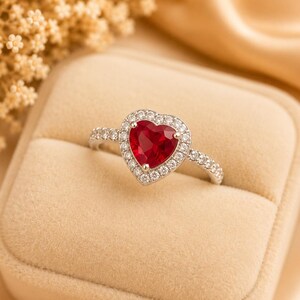 Heart Cut Ruby CZ Diamond Halo 925 Sterling Silver Promise Ring/Romantic Gift Gf/Rubellite Ring Gift