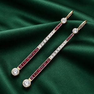 Vintage Art Deco Ruby Diamond Bar Drop Earrings | Yellow Gold Statement Bridal Jewelry