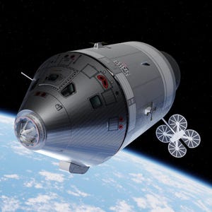 May include: A detailed illustration of a spacecraft in orbit above Earth. The spacecraft is primarily gray with red accents and the words "UNITED STATES" printed on the side. Four white solar panels are attached to the side of the spacecraft.