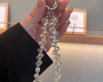 Multicolor Crystal Beaded Phone Charm Strap – Handmade Wrist Lanyard for Keys, Bags (Gold Finish)