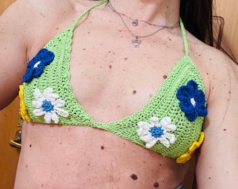 Top bikini uncinetto cotone elasticizzato, verde, fiori, crochet