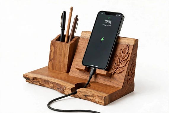 Live Edge Teak Phone Stand with Pen Holder | Handmade Wood Desk Organizer with Charging Slot | Leaf Carved Mobile Dock |