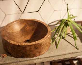 Massives Mangoholz Gefäß, Aufsatzwaschbecken, indisches Woodcraft