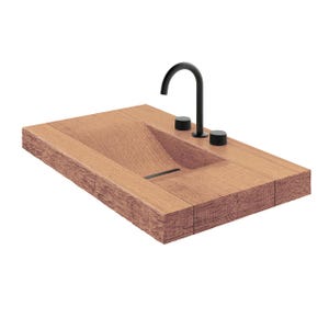 May include: A rectangular bathroom sink crafted from light brown wood with a textured, rough-hewn edge. The basin features an integrated drain slot and is equipped with a matte black curved faucet and two matching circular control knobs.