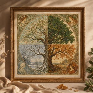 Könnte beinhalten: Ein quadratisch gerahmtes Wandbild mit einer kreisförmigen Illustration, die in vier Quadranten unterteilt ist und die Jahreszeiten darstellt. Jeder Abschnitt zeigt einen Baum im Frühling, Sommer, Herbst oder Winter mit Frauenporträts.