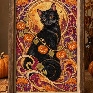 Peut inclure: Une broderie au point de croix encadrée représentant un chat noir assis devant une grande lune jaune. Le chat est entouré d'une bordure décorative composée de citrouilles orange, de feuilles vertes et de motifs violets et dorés tourbillonnants.