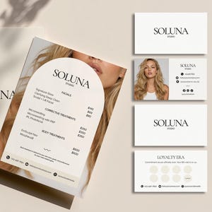 May include: A collection of Soluna Studio branding materials including a menu card with an arched design, a stationery sheet, and four business cards featuring the logo, contact details, a portrait of a person with long blonde hair, and a loyalty card.