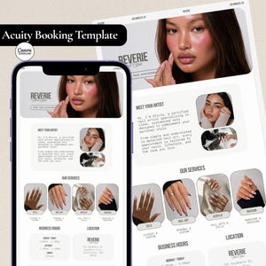 May include: A digital Acuity booking template for a nail spa named Reverie, displayed on a smartphone and a desktop layout. The design features a portrait of a person, service categories like gels and acrylics, business hours, and location details.