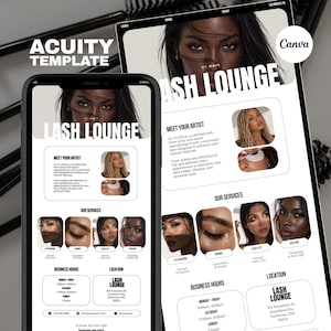 May include: A digital Acuity template for a lash lounge displayed on a smartphone and a tablet screen. The layout features black and white text, photography of faces, service categories like extensions and brow lamination, and business hours.