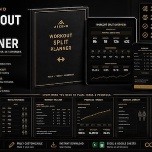 May include: A black and gold workout split planner with the text "Ascend Workout Split Planner". The image includes a planner, tablet, and phone displaying workout tracking information. Also included is a shaker bottle.