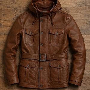 May include: A brown leather jacket featuring a hood with drawstrings, a button-front closure, and a matching belt at the waist. The jacket includes four front pockets with buttoned flaps, long sleeves with buttoned cuffs, and a textured finish.