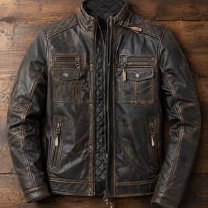 May include: A dark brown distressed leather jacket featuring a quilted stand-up collar, shoulder panels, and a black quilted interior lining. The jacket includes two zippered chest pockets, two snap-button flap pockets, and two zippered waist pockets.