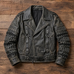 May include: A distressed black leather motorcycle jacket featuring an asymmetrical front zip, wide lapels, and a buckled waist belt. The sleeves are adorned with multiple rows of metal chains and studs, complemented by vertical straps and rings.