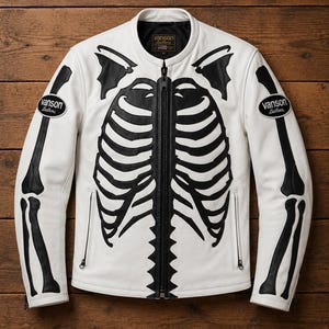 Men’s Handmade White Skeleton Leather Biker Jacket, Gothic Rib Cage Motorcycle Coat