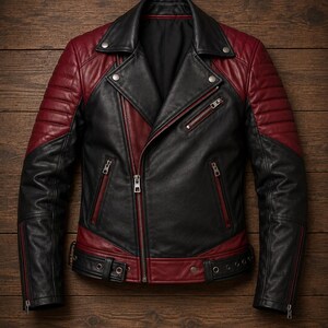 Men’s Handmade Black and Burgundy Leather Biker Jacket, Slim Fit Motorcycle Jacket