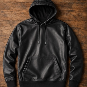 Puede incluir: Una sudadera negra de manga larga con capucha, confeccionada en un material liso con acabado mate. La prenda cuenta con un bolsillo tipo canguro frontal, una capucha con cordones negros a juego y puños y dobladillo acanalados.
