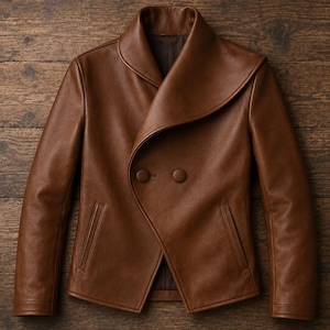 Könnte beinhalten: Eine braune Lederjacke mit breitem Schalkragen, doppelreihigem Verschluss mit zwei passenden runden Knöpfen, langen Ärmeln und zwei vertikalen Eingrifftaschen auf der Vorderseite. Die Jacke hat eine glatte Oberfläche und ein dunkles Innenfutter.