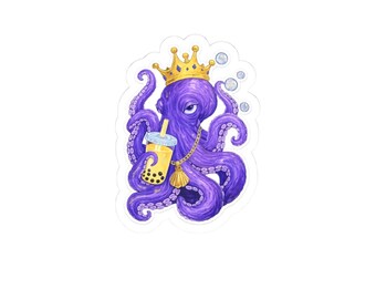 Pegatina de pulpo morado con corona y té de burbujas