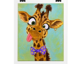 Póster/Arte de pared de una jirafa juguetona con la lengua fuera, impresión giclée.