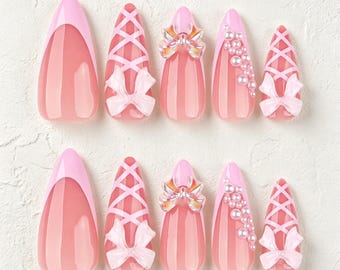 Uñas postizas CustomBalletcore, uñas postizas Cottagecore con lazo rosa, uñas postizas largas almendradas, uñas postizas cruzadas con cinta, uñas postizas 3D con perlas para pegar, regalo